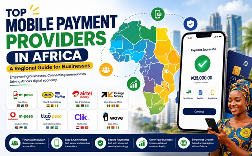 Top mobile payment providers in Africa illustrated on smartphone screens with African map background
