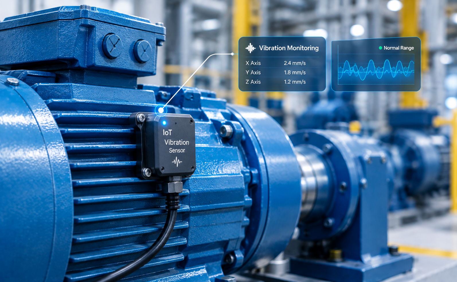 IoT vibration sensor mounted on an industrial motor for predictive maintenance